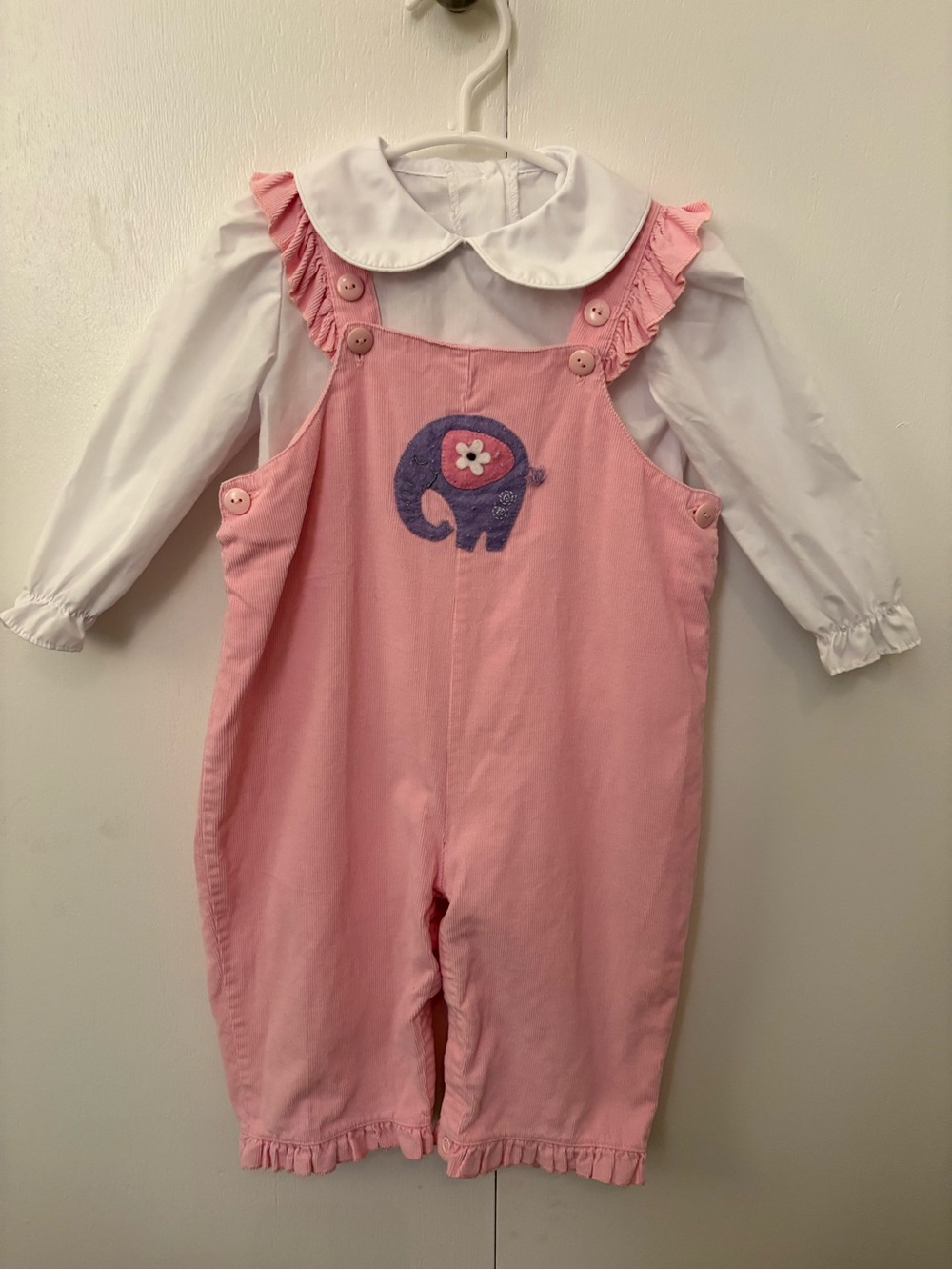 Pink Elephant Overalls One-Piece with White Collar Shirt - Kids